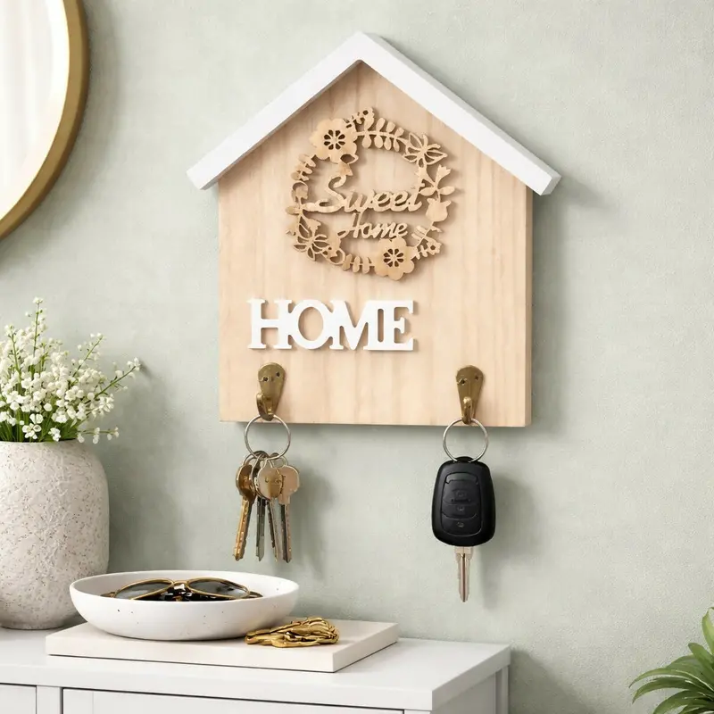 Solid Wood Key Holder With Dual Hooks – Compact Wall Mount 1