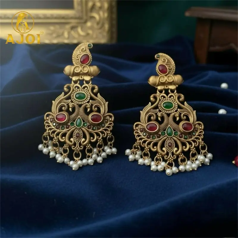 South Indian Bridal Temple Earrings: Matte Gold Finish With Red-Green Kundan & Pearls 1