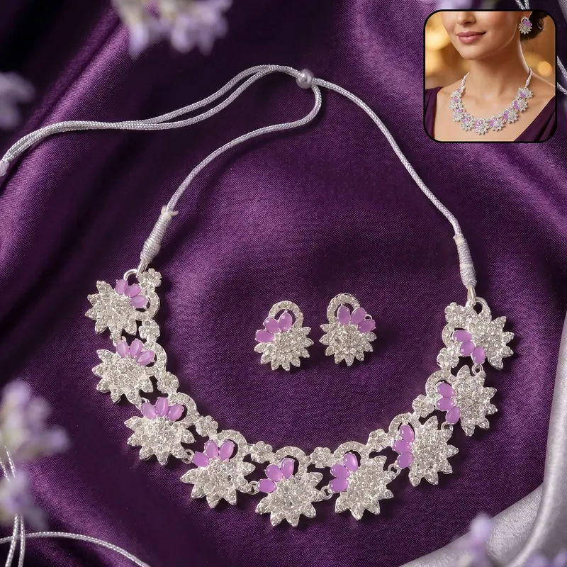 Sparkling Pink Floral Bridal Jewelry Set – Wedding & Party Necklace & Earrings 1