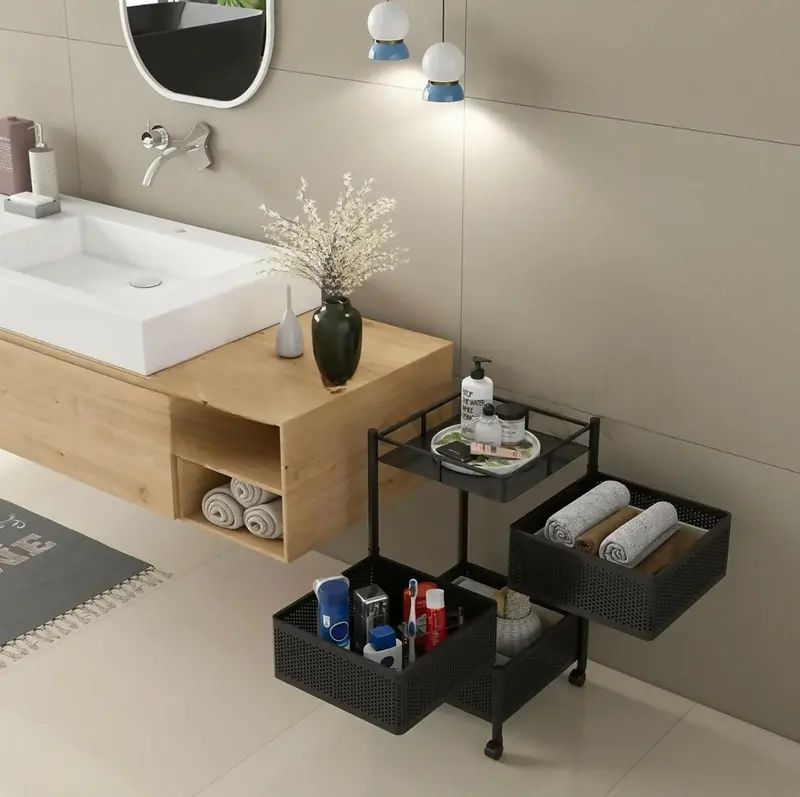 Square 3-Basket Stainless Steel Kitchen Trolley – Ventilated Storage & Four-Wheel Mobility 1