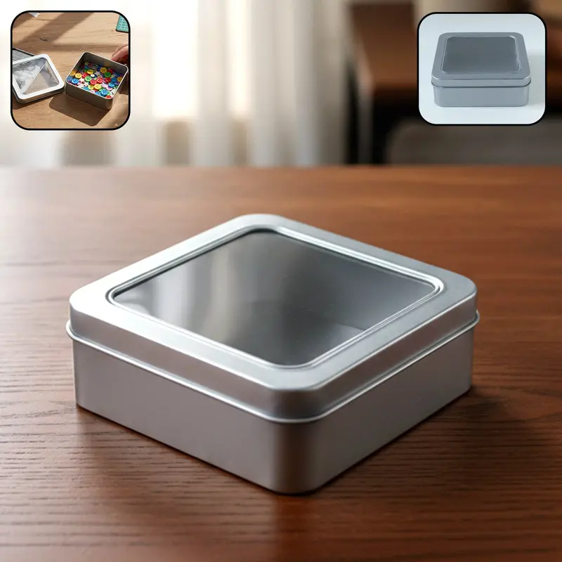 Square 9.5 Cm Metal Storage Tin With Transparent Lid For Easy Content Identification 1