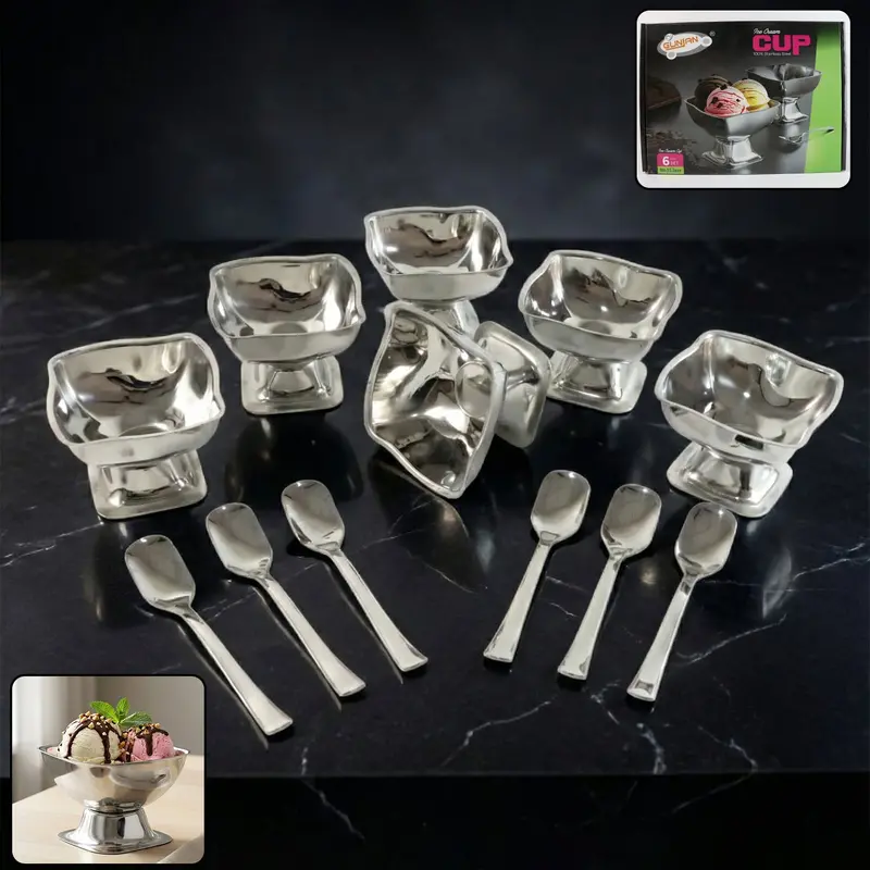 Stainless Steel Ice Cream Serving Set – Cup + 6 Matching Spoons (6-Pc) 1