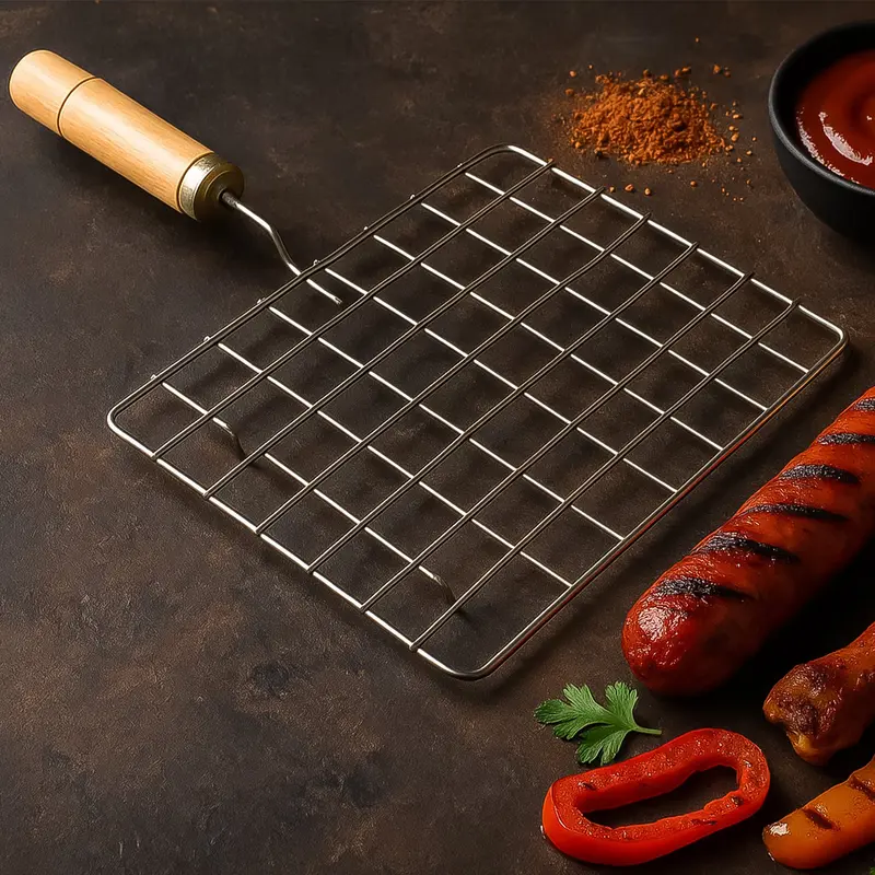 Stainless Steel Papad Grill Rack – Square Design With Wooden Handle 1