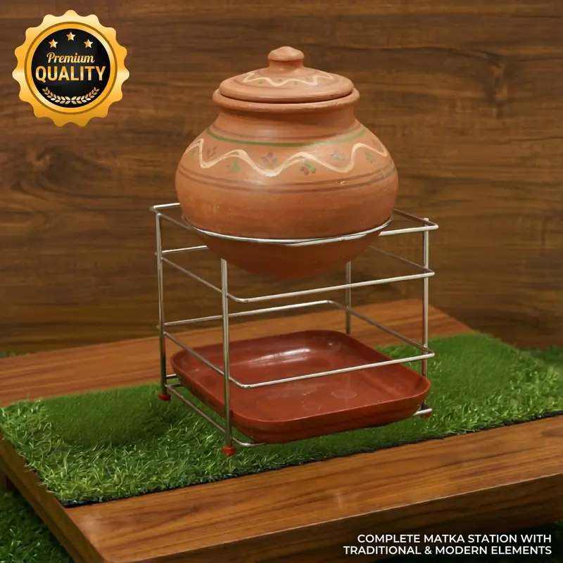Stainless Steel Traditional Matka Stand With Matching Serving Tray 1