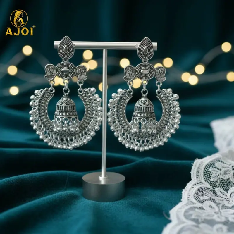 Statement Oxidized Silver Chandbali Jhumkas – Bold Antique Finish 1