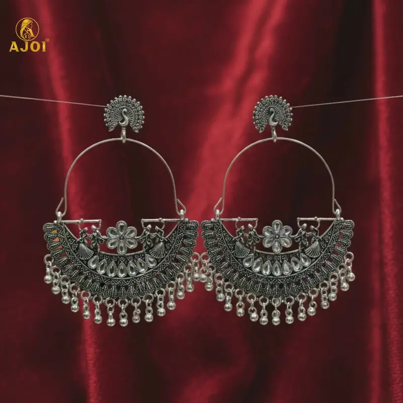 Statement Peacock-Arch Earrings In Oxidized Silver With Handcrafted Embellishments 1