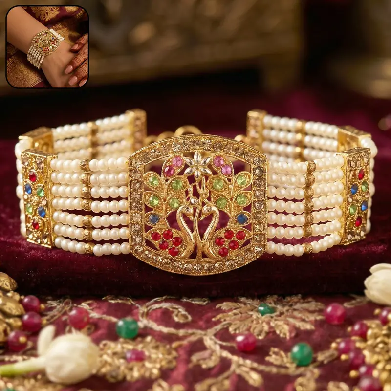 Stone-Accented Pearl Bracelet – Elegant Bridal Accessory With Floral Motif And Sparkling Gemstone Detailing 1