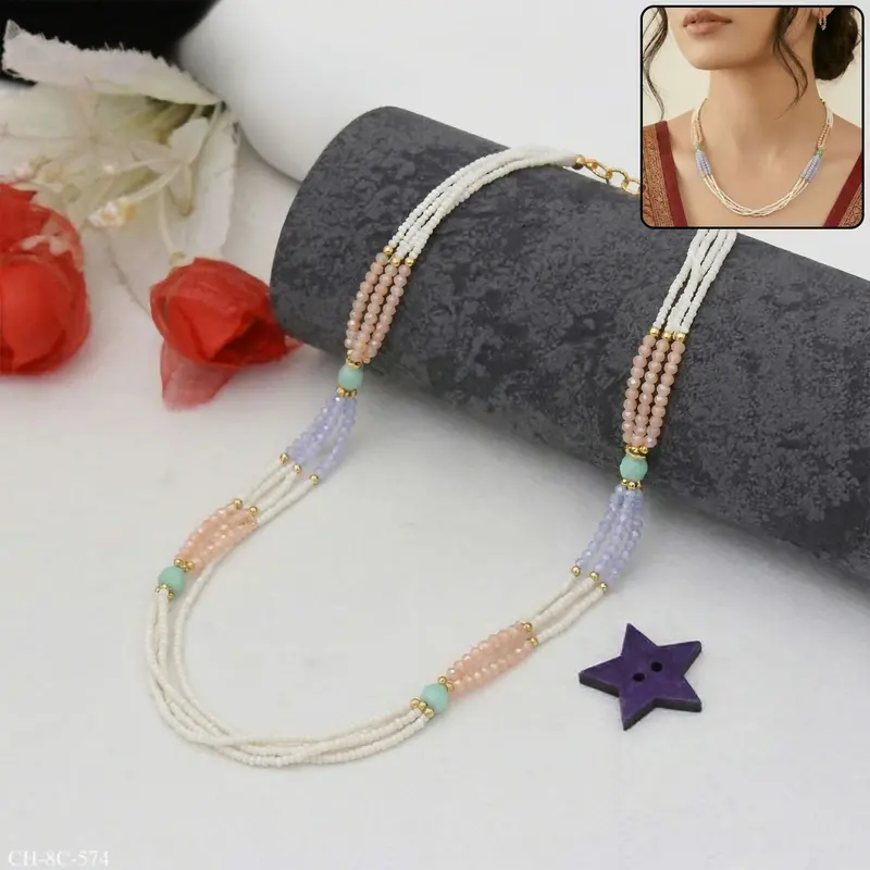 Stylish Three-Tier Pearl Necklace In Peach, Lavender & Mint Hues 1