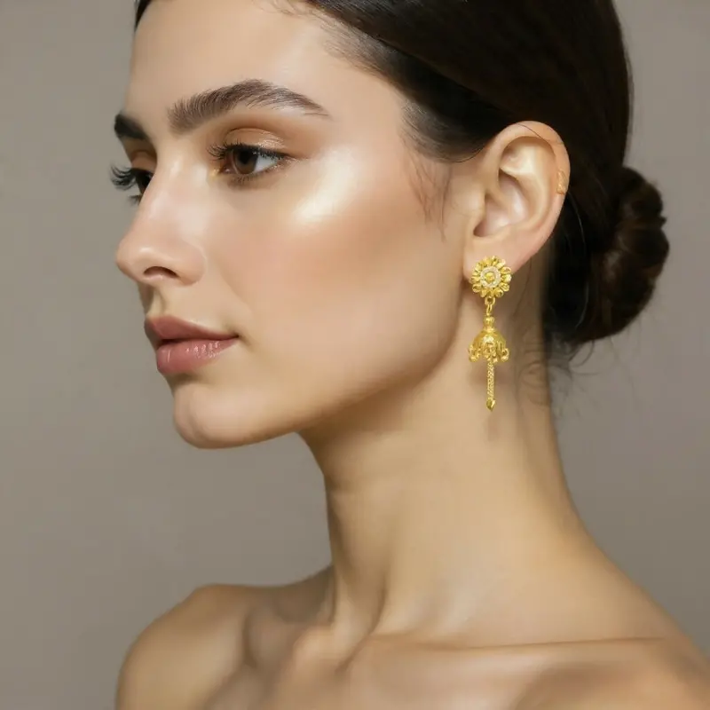 Sunflower-Shaped Jhumka Earrings With Cascading Chains – Vibrant Floral Style 1