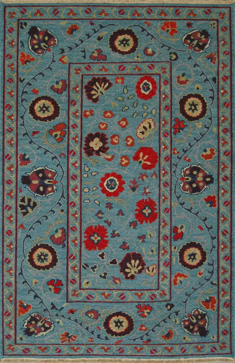 Suzani 14 Rug In Robin’S Egg Blue – Vibrant Central Asian Motif 1