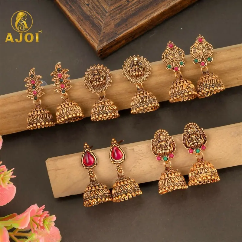 Temple-Style Gold-Plated Jhumka Set – Traditional 5-Piece Ritual Jewelry 1