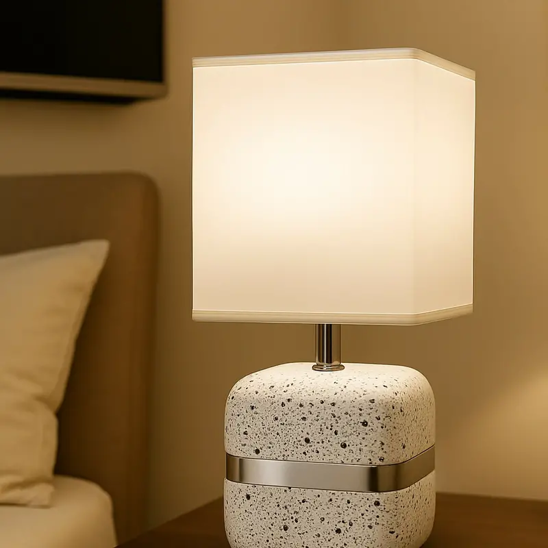 Terrazzo-Style Table Lamp – Modern White Fabric Shade With Speckled Base 1