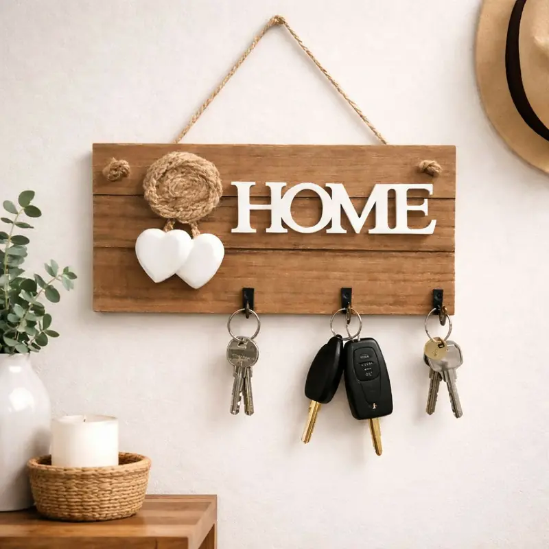 Three-Hook Wooden 'Home' Key Holder – Space-Saving Wall Mount 1