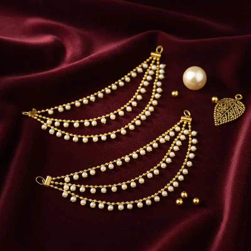 Three-Tier Pearl Drop Kaan Chain – Classic Traditional Ear Pendant For Festive Wear 1