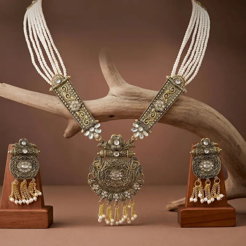 Timeless Gold & Pearl Necklace & Earring Set – Refined Accessories For Special Moments 1