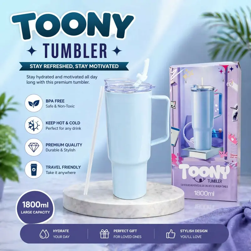 Toony 1.8L Insulated Travel Tumbler With Handle & Straw – Bpa-Free Coffee Mug 1