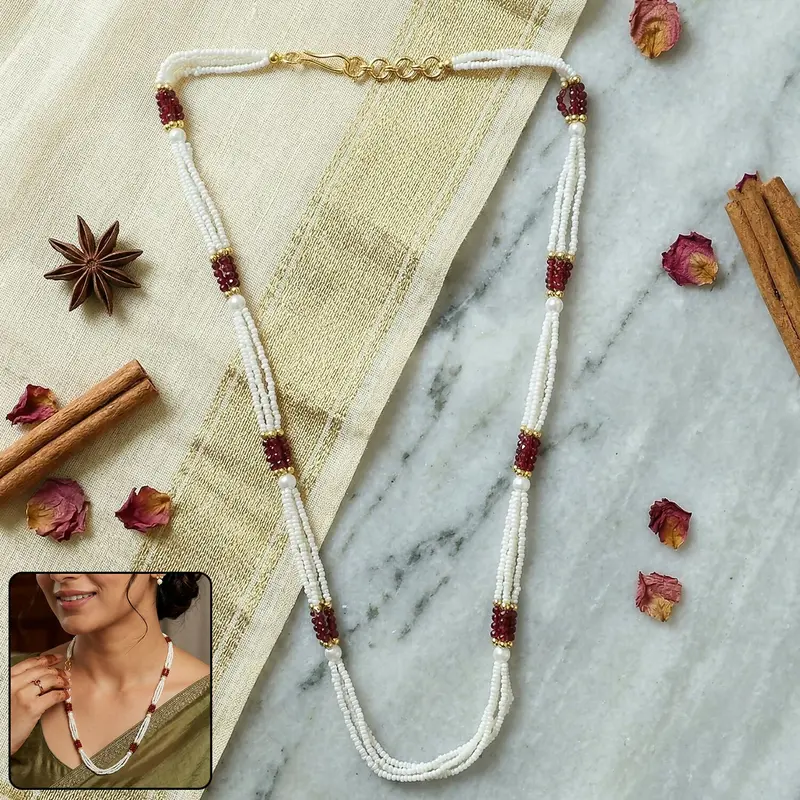 Traditional Beaded Pearl Mala Necklace – Elegant Handmade Ethnic Jewelry For Women 1