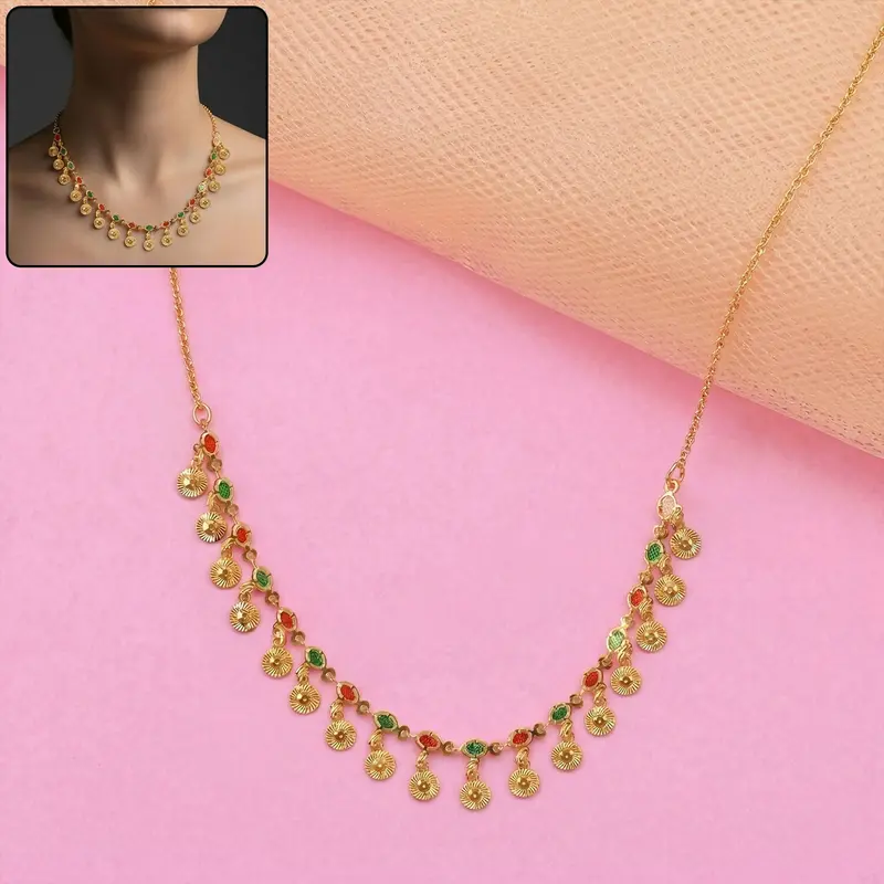 Traditional Gold Charm Necklace – Multicolor Stone-Drop Accent Pendant 1