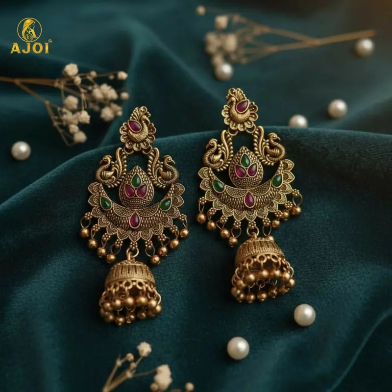 Traditional Gold-Plated Peacock Jhumkas Adorned With Pink And Green Stones 1