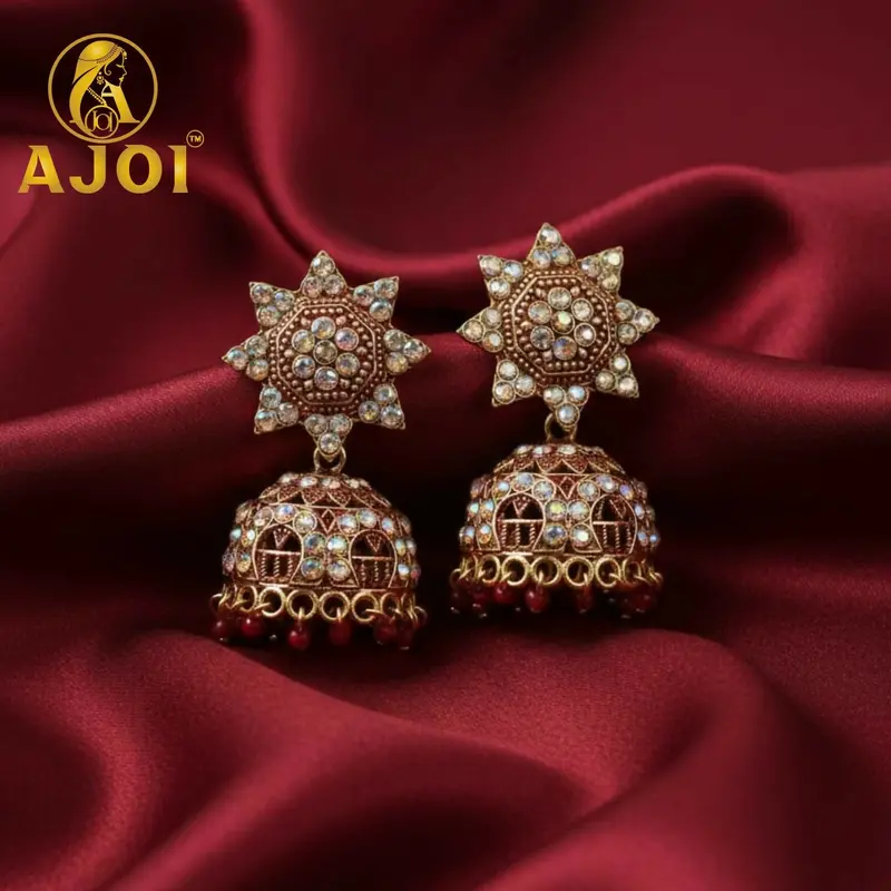 Traditional Kundan Jhumka Earrings – Gold-Plated With Red Bead Accents 1