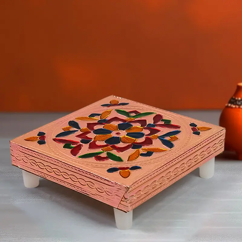 Traditional Meenakari Wooden Chowki & Bajot Puja Set – Handcrafted For Home Or Office Worship 1