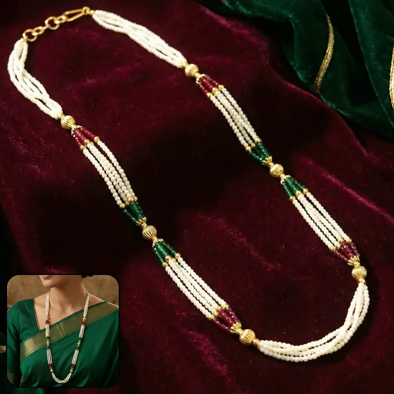 Traditional Multi-Layer Pearl Mala With Red, Green & Gold Detailing 1