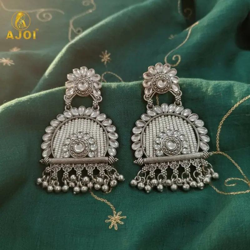 Traditional Oxidized Silver Jeco-Style Chandbali Earrings 1