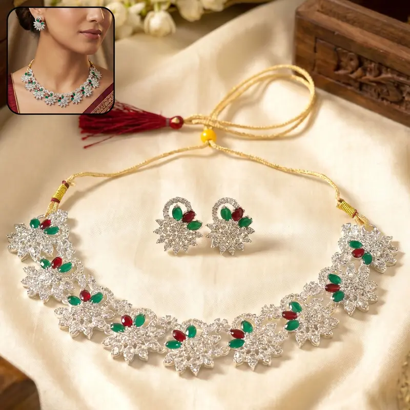 Traditional Red & Green Floral Jewelry Set – Necklace And Matching Earrings 1