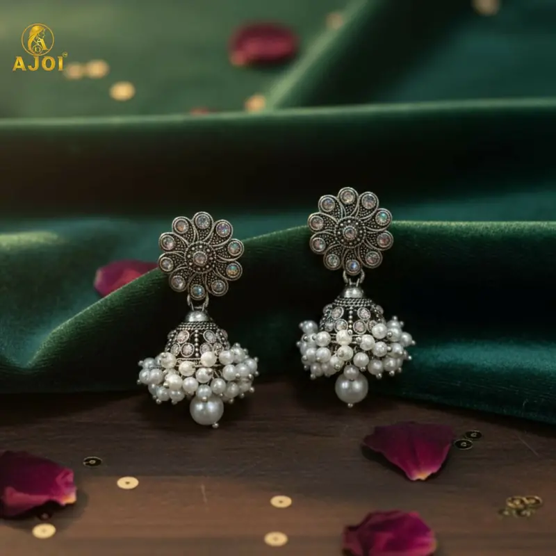 Traditional Round Jhumka Earrings In Oxidized Silver With Pearl Drops 1