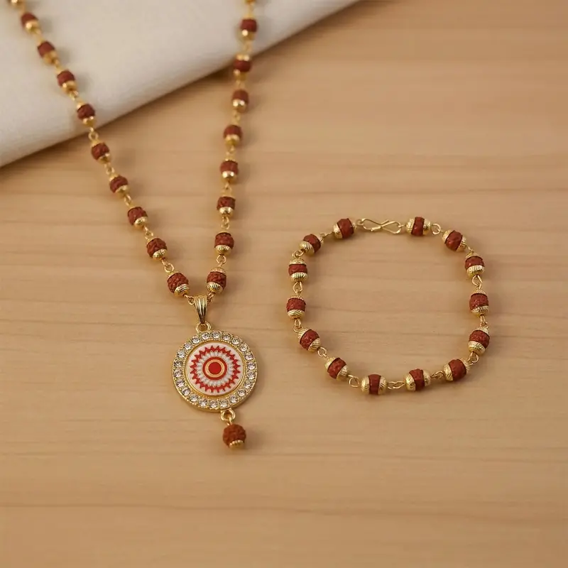 Traditional Rudraksha Pendant Necklace And Bracelet In Gold Finish 1