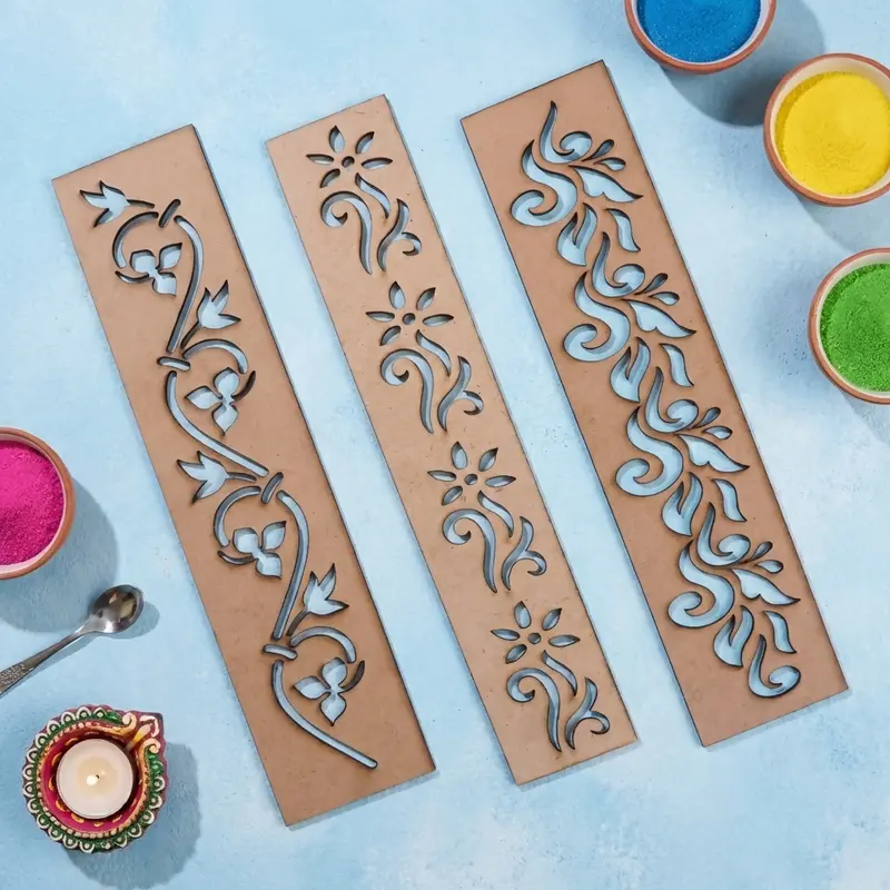 Traditional Wooden Rangoli Border Stencils – 3-Piece Festival Design Kit 1