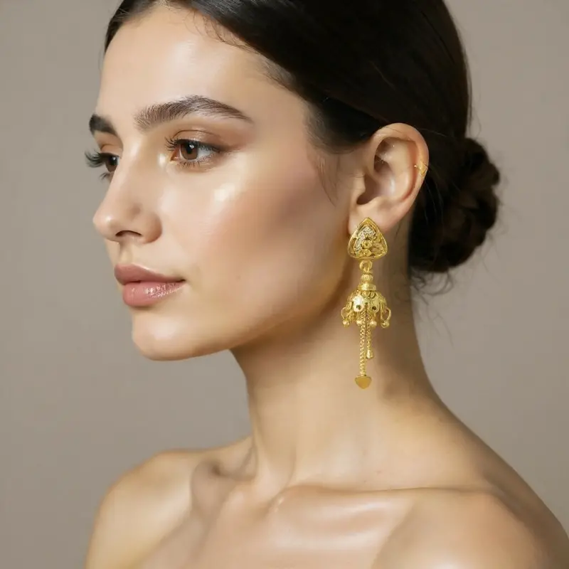 Triangle Jhumka Earrings With Delicate Chain Tassels – Gold-Finished Luxury 1