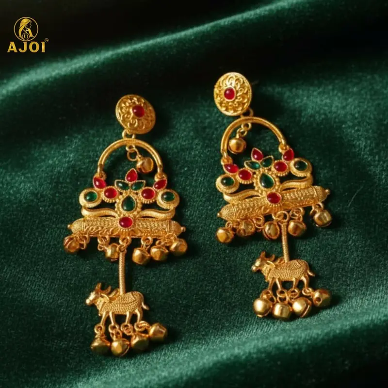 Tribal-Inspired Antique Gold Drop Earrings With Red & Green Stones And Cow Motifs 1