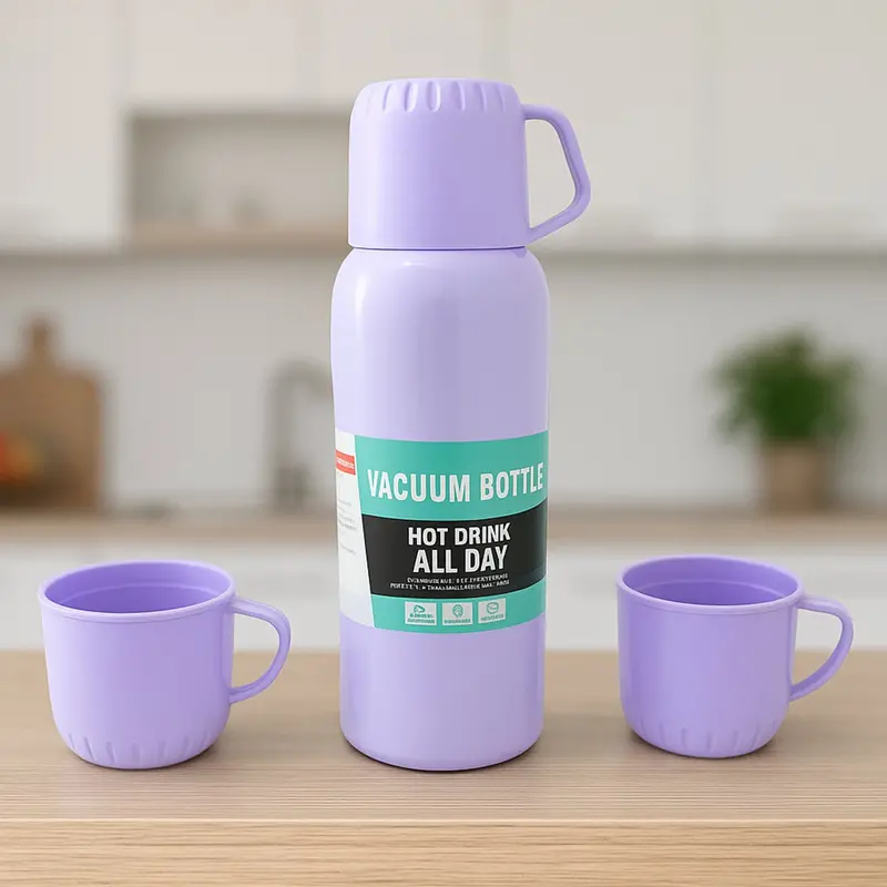Triple-Cup Stainless Steel Vacuum Flask Set – 500 Ml Thermos Bundle With Matching Mugs 1
