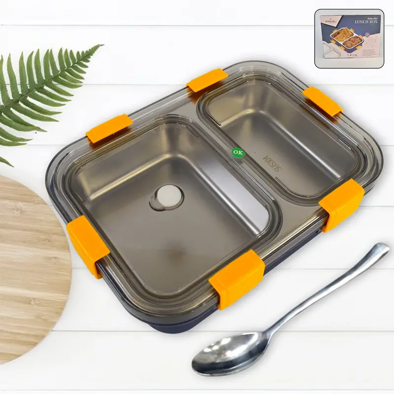 Two-Compartment Stainless Steel Lunch Box With Built-In Spoon 1