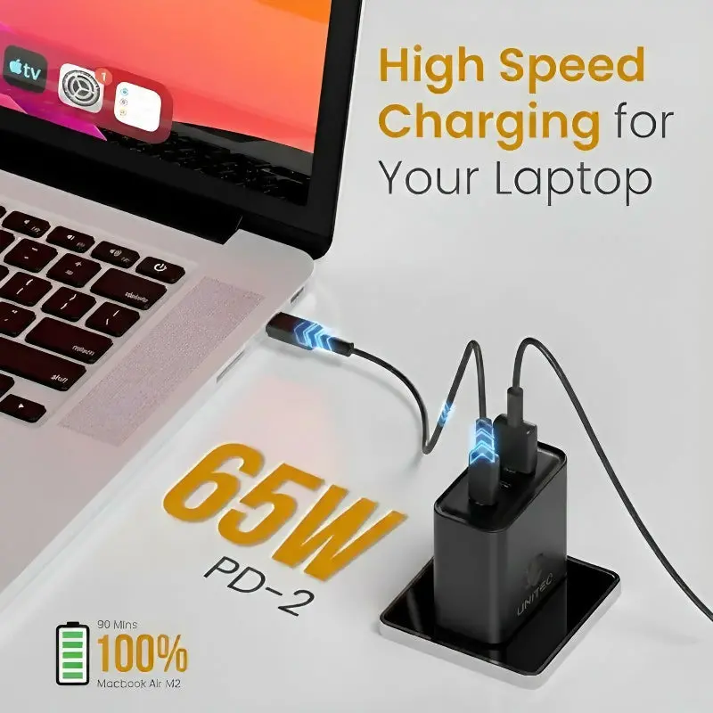 Uniteq 65W Hypergan Dual-Port Charger – 2X Usb-C Pd + Usb-A (Black) 1