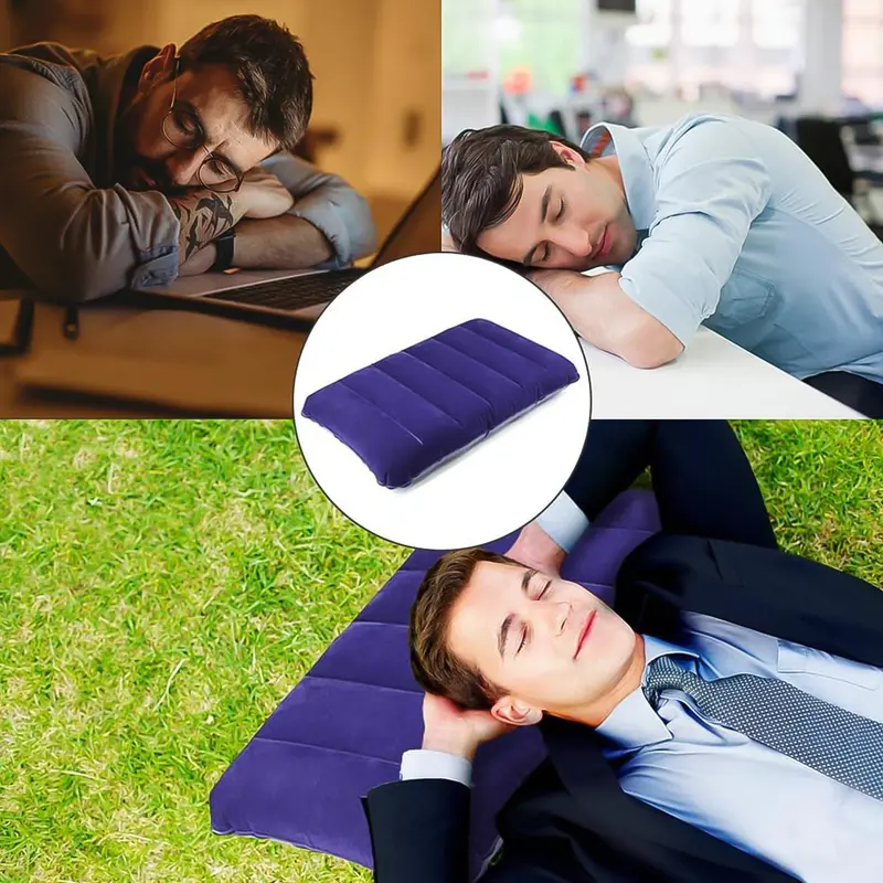 Velvet-Finish Inflatable Travel Neck Pillow – Soft Blue Memory Support 1