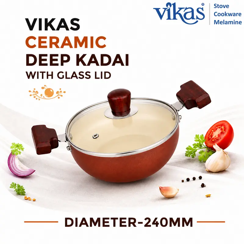 Vikas Ceramic Deep Kadai – Brown Finish With Glass Lid & Dual Wooden Handles 1