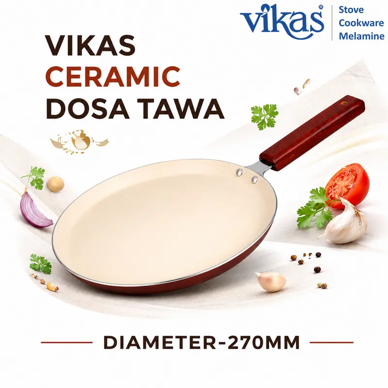 Vikas Ceramic Dosa Tawa – Brown Finish With Comfort-Grip Wooden Handle 2