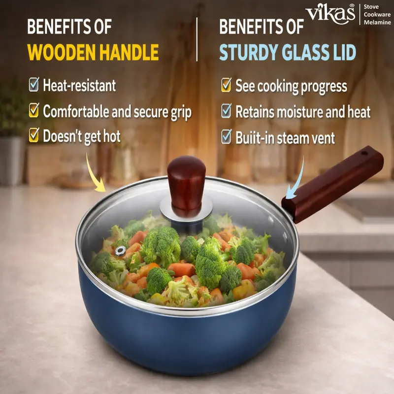 Vikas Ceramic Frypan – Grey Finish With Glass Lid & Wooden Handle 1