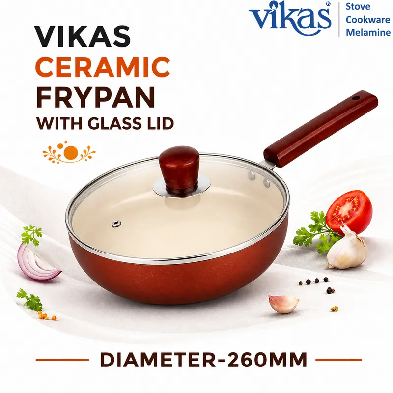 Vikas Ceramic Non-Stick Frypan – Brown Finish With Glass Lid & Wood Handle 1