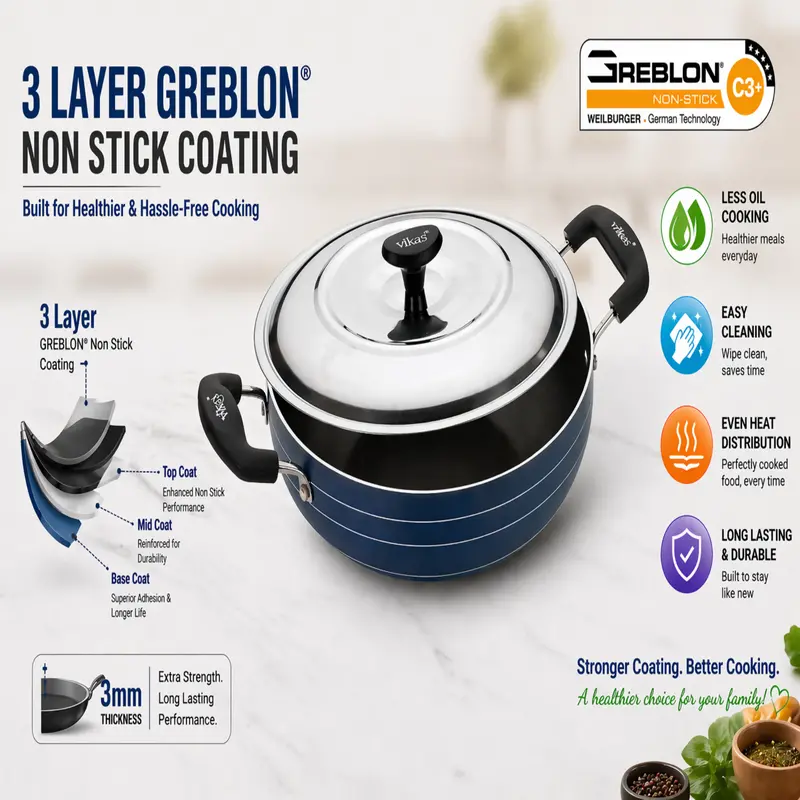 Vikas Deep Kadai With Heavy-Duty Greblon Non-Stick Coating & Steel Lid 1