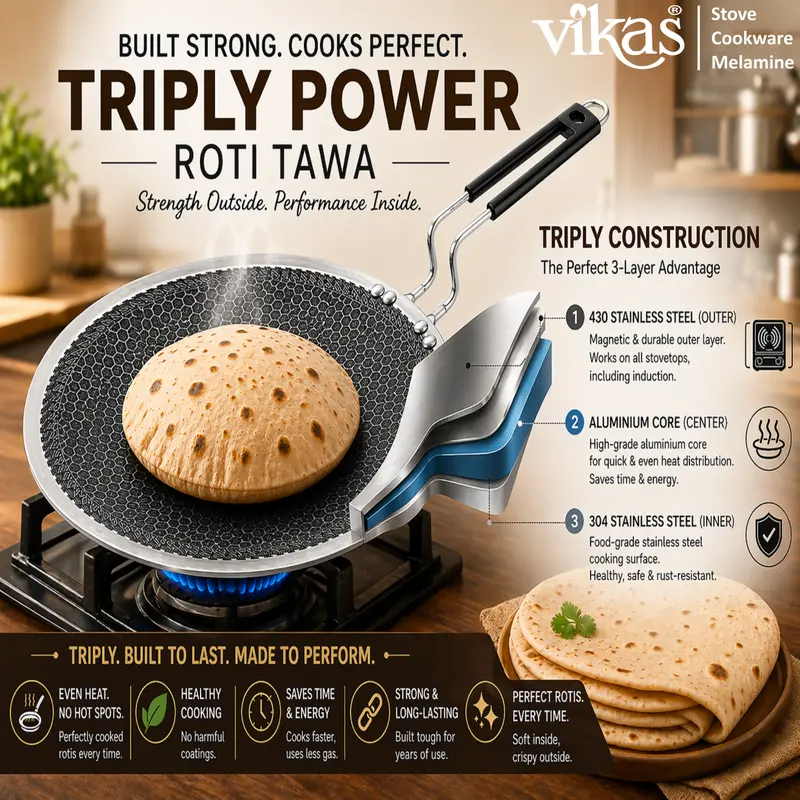 Vikas Honeycomb-Textured Triply Roti Tawa With Heat-Resistant Bakelite Handle 1