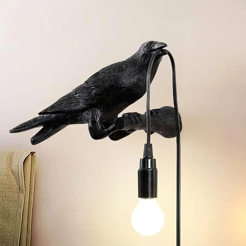 Vintage Crow-Themed Table Lamp With Edison Bulb – Decorative Bird Lamp Set 1