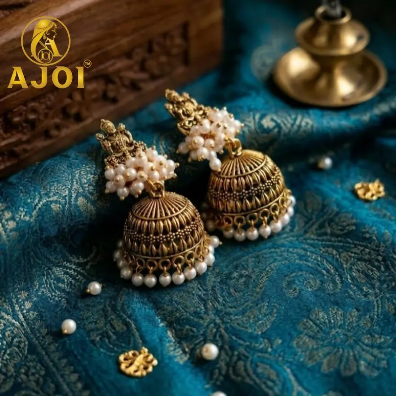 Vintage Gold-Finished Pearl Jhumka Earrings – Traditional Indian Ethnic Jewelry For Women 1