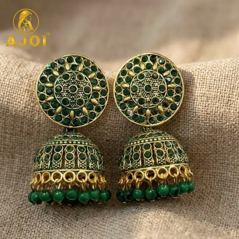 Vintage Gold-Tone Green Gemstone Jhumka Earrings – Handcrafted Ethnic Jewelry 1