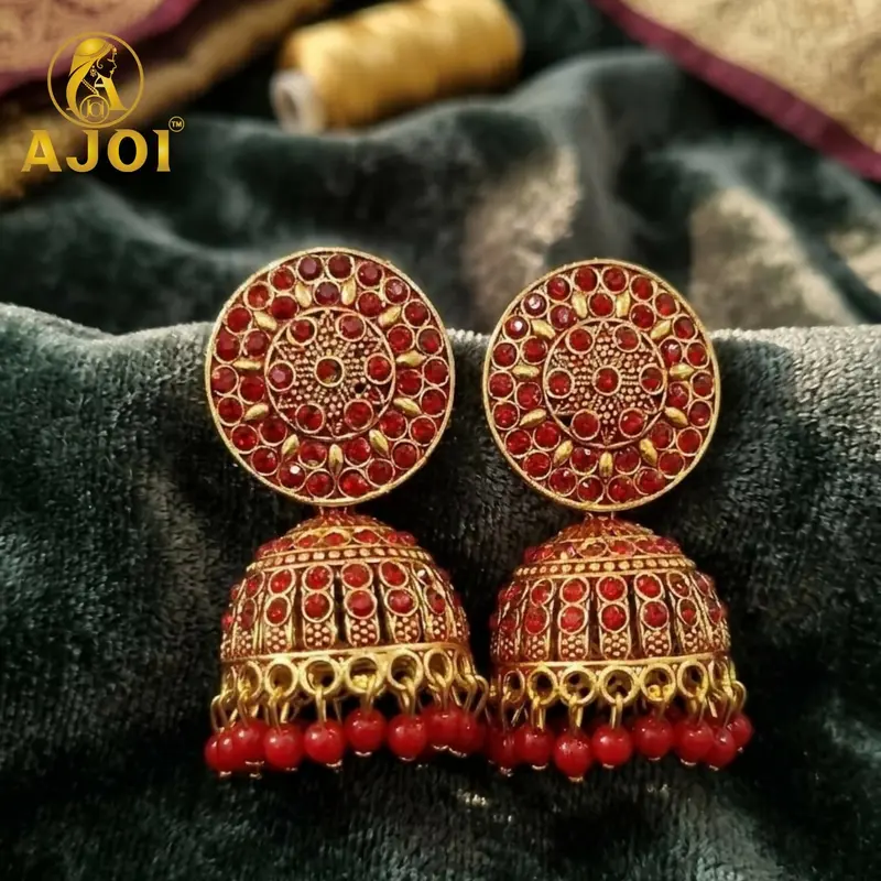Vintage Gold-Tone Red Gemstone Jhumka Earrings – Authentic Traditional Jewelry 1
