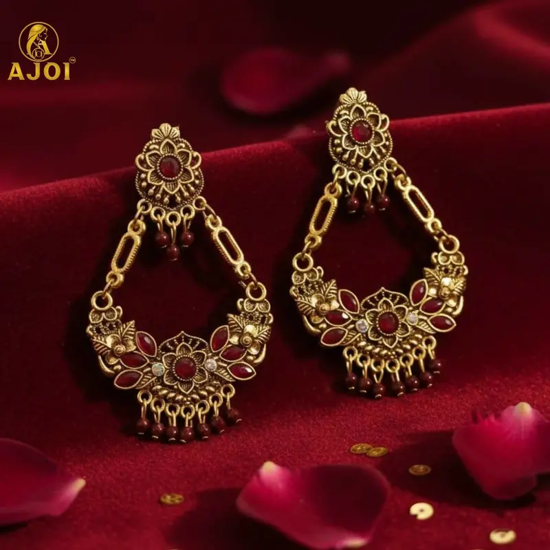 Vintage Maroon Floral Chandbali Earrings For Ethnic Wear 1