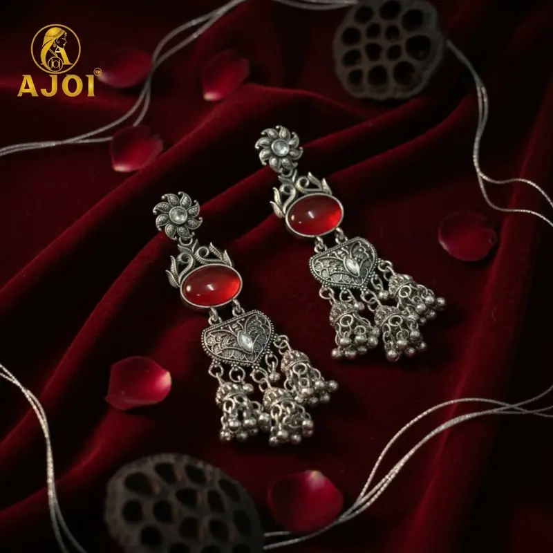 Vintage Red Stone Jhumka Earrings – Oxidized Silver Filigree Design With Cascading Bells 1