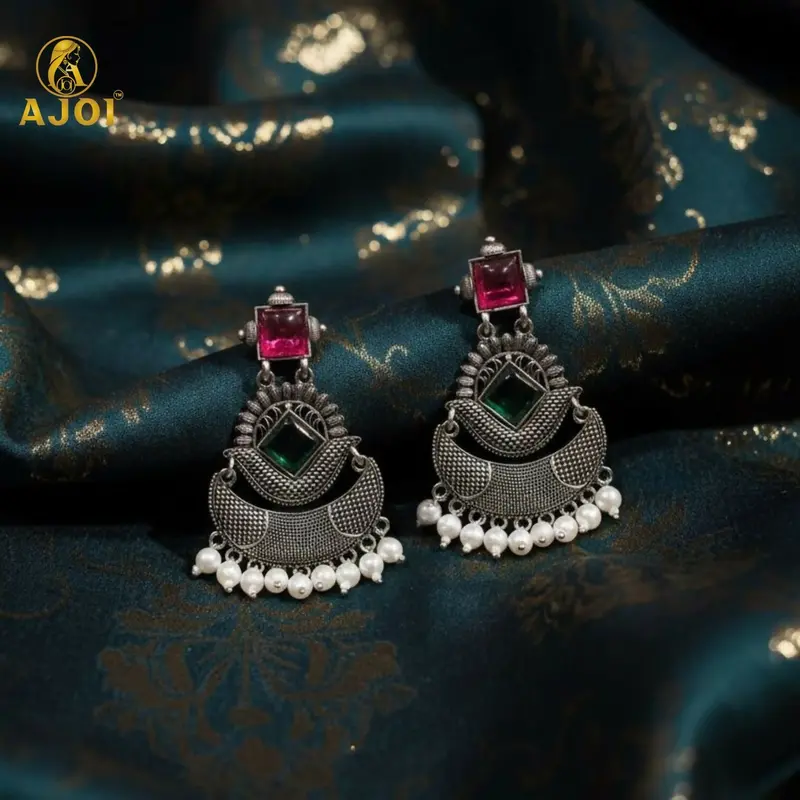 Vintage Silver Chandbalis With Emerald- And Ruby-Tone Stones & Pearl Accents 1